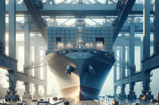 DALL·E 2024-04-05 15.45.27 - A realistic photo capturing a dockside perspective where a massive cargo ship looms at the berth. The ship's intricate structure is accentuated by the