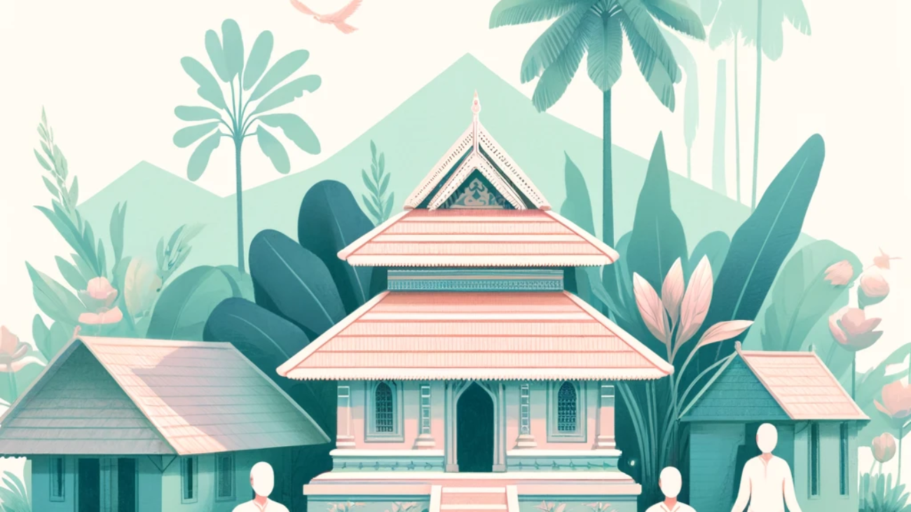 DALL·E 2024-04-05 14.52.47 - A pastel-colored illustration of a small Kerala temple, inspired by the traditional architecture in the provided image. The temple is nestled within a