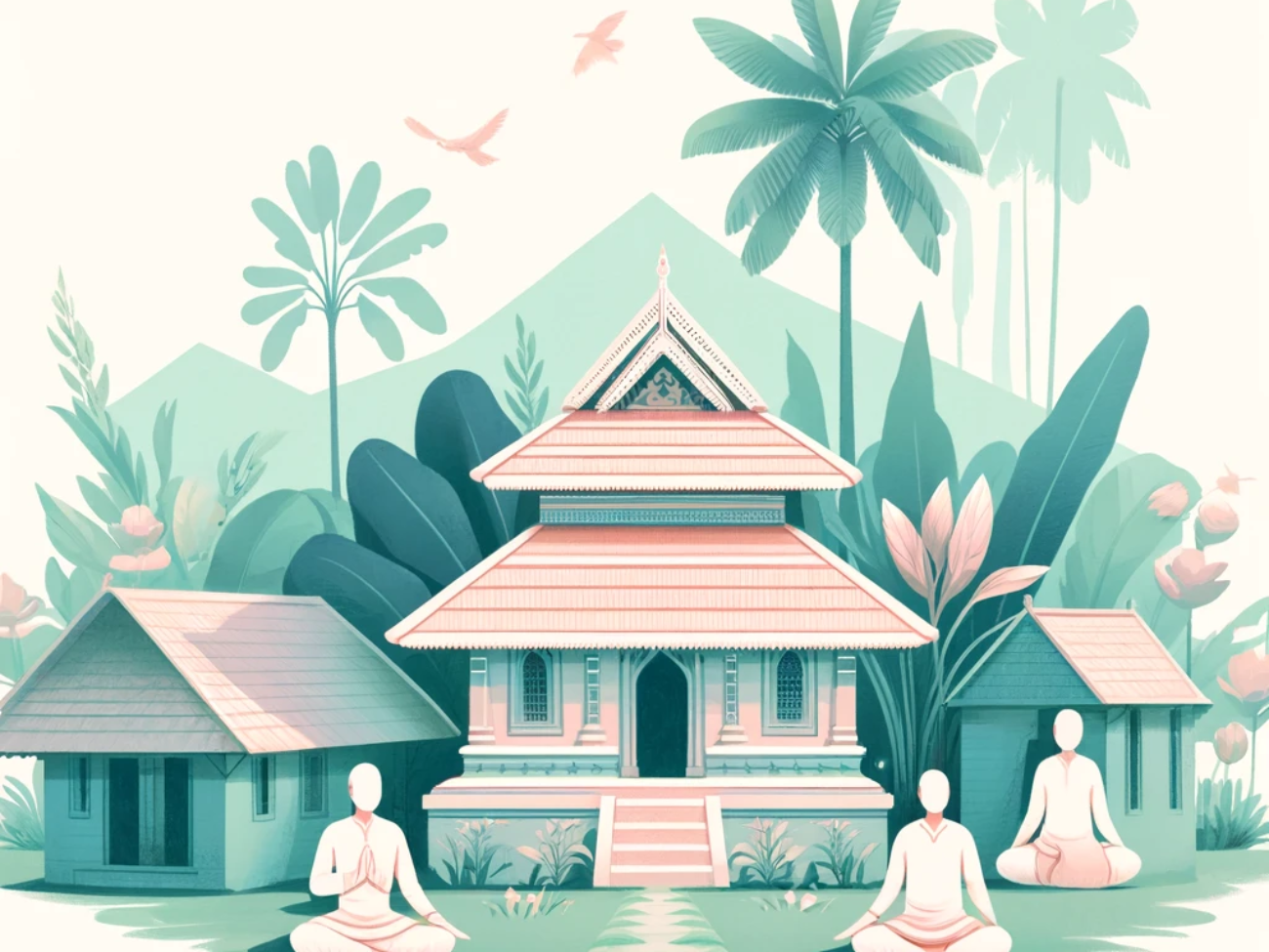 DALL·E 2024-04-05 14.52.47 - A pastel-colored illustration of a small Kerala temple, inspired by the traditional architecture in the provided image. The temple is nestled within a