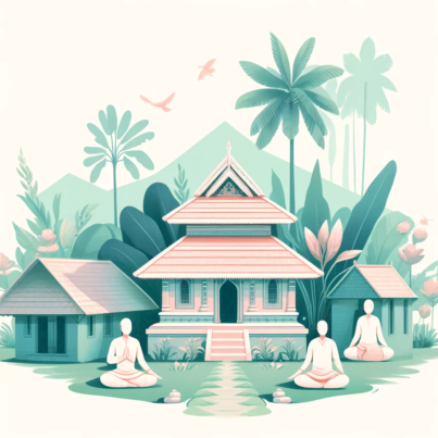 DALL·E 2024-04-05 14.52.47 - A pastel-colored illustration of a small Kerala temple, inspired by the traditional architecture in the provided image. The temple is nestled within a