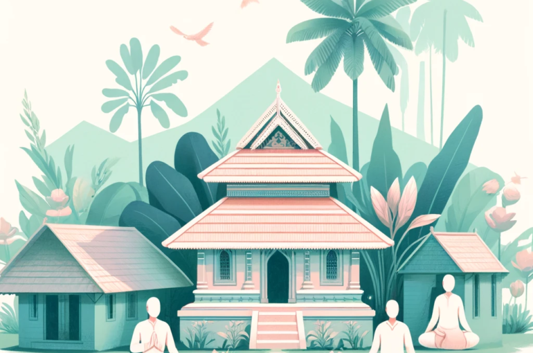 DALL·E 2024-04-05 14.52.47 - A pastel-colored illustration of a small Kerala temple, inspired by the traditional architecture in the provided image. The temple is nestled within a