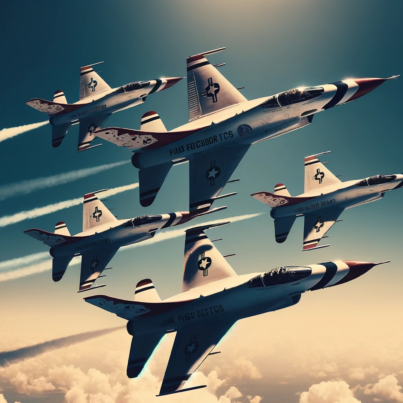 DALL·E 2024-04-05 12.14.20 - Create a cool, retro vibe realistic image depicting a squadron of fighter jets performing an aerial maneuver. The format is wide. The image is a high-