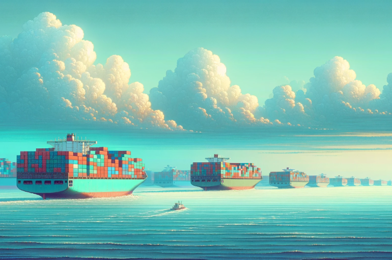 DALL·E 2024-04-05 12.50.57 - Create a photo with cool, subtle pastel colors depicting container ships in a realistic setting. The format is wide. The image is a high-resolution di