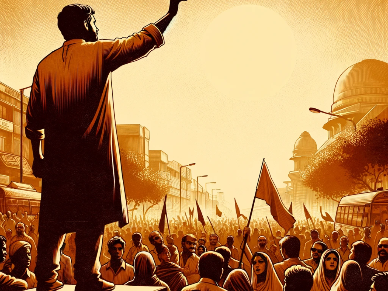 DALL·E 2024-04-05 14.47.04 - A peaceful protest in India, at midday, with the sun high in the sky. The image showcases a determined leader rallying the crowd, both depicted in war