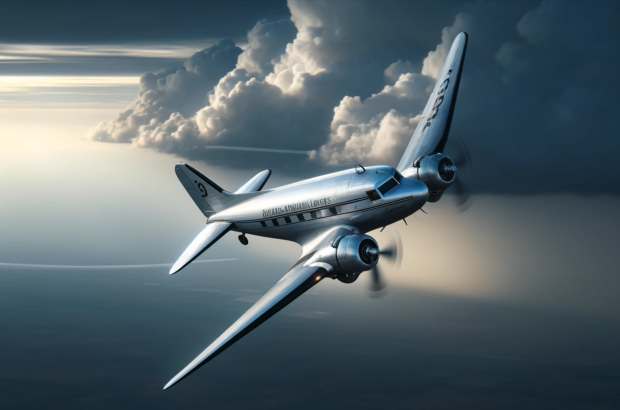 DALL·E 2024-04-05 11.56.58 - Photorealistic image of a vintage propeller-driven airplane, Douglas DC-3 style, tilting to the right as it banks in a turn. The setting is a horizont