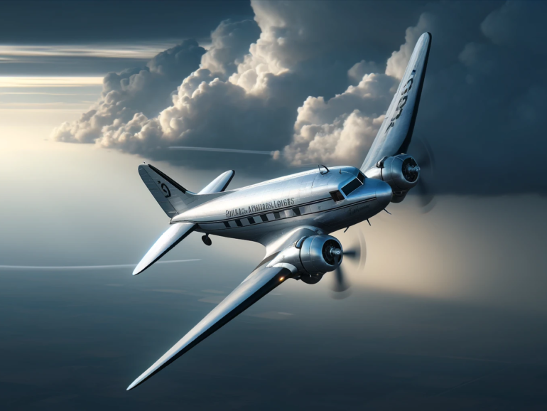 DALL·E 2024-04-05 11.56.58 - Photorealistic image of a vintage propeller-driven airplane, Douglas DC-3 style, tilting to the right as it banks in a turn. The setting is a horizont