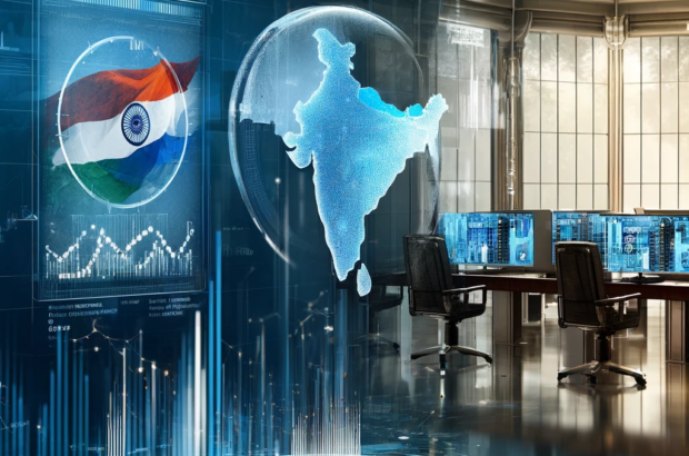 DALL·E 2024-04-17 10.51.19 - An abstract illustration of election data analytics in India, emphasizing sleek design. The first image should depict a futuristic data center with ho