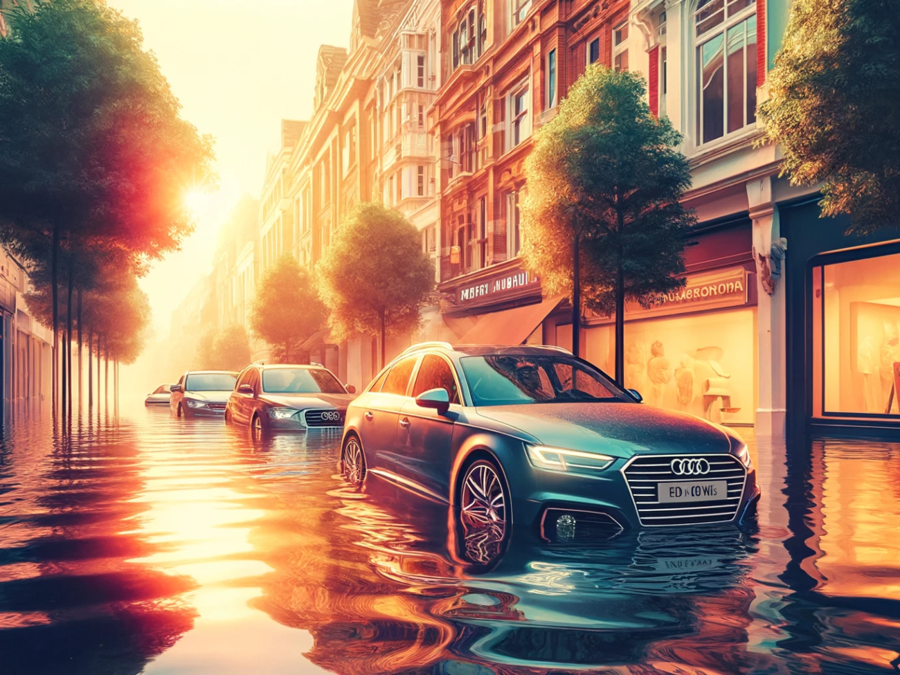 DALL·E 2024-04-22 12.09.07 - A photographic-style illustration of a city street flooded at noon, depicted in warm colors. The scene features four cars, including the luxurious Aud