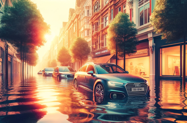 DALL·E 2024-04-22 12.09.07 - A photographic-style illustration of a city street flooded at noon, depicted in warm colors. The scene features four cars, including the luxurious Aud