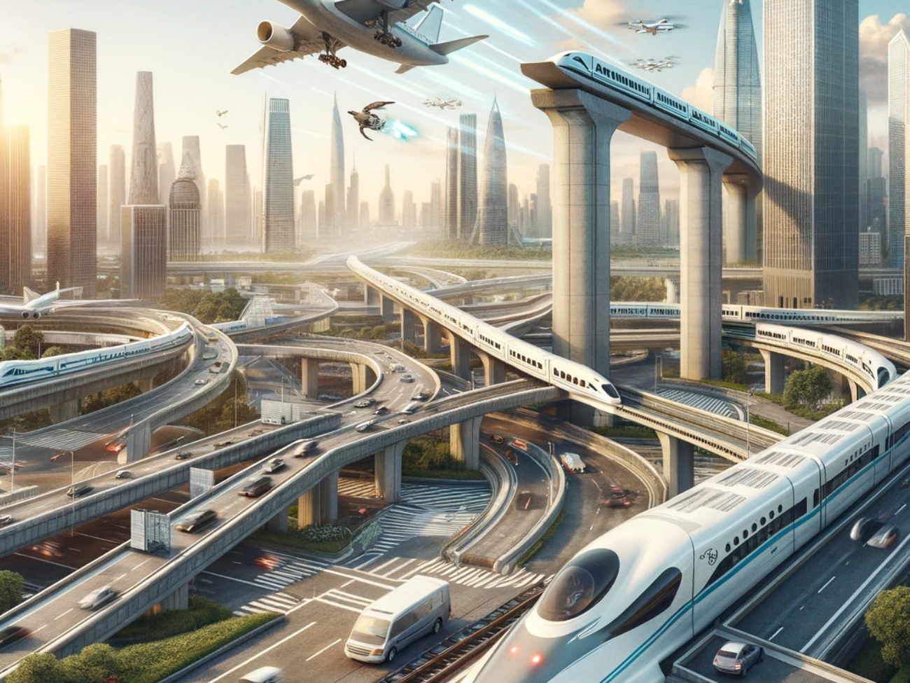 DALL·E 2024-04-29 12.39.50 - A futuristic urban landscape featuring an integrated infrastructure system. The scene includes a bustling airport with various types of aircraft, incl