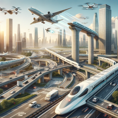 DALL·E 2024-04-29 12.39.50 - A futuristic urban landscape featuring an integrated infrastructure system. The scene includes a bustling airport with various types of aircraft, incl