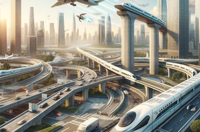 DALL·E 2024-04-29 12.39.50 - A futuristic urban landscape featuring an integrated infrastructure system. The scene includes a bustling airport with various types of aircraft, incl