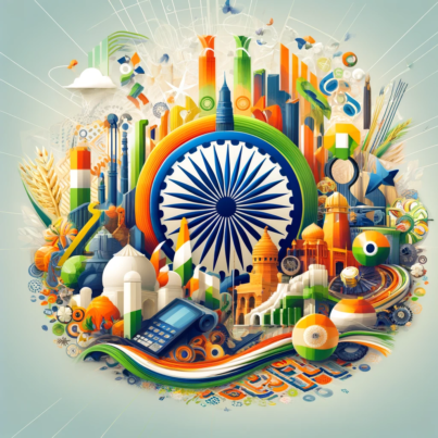 DALL·E 2024-05-03 09.29.51 - A conceptual abstract image representing the Indian economy. The image should include vibrant colors commonly associated with India like saffron, gree