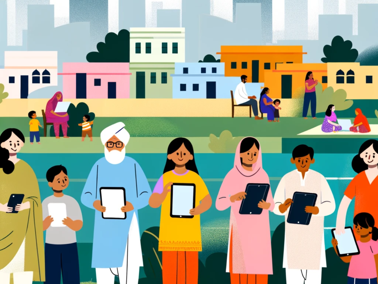 DALL·E 2024-05-13 09.51.07 - A minimalistic illustration of diverse Indian citizens of various ages and backgrounds using digital devices like smartphones, tablets, and laptops, s