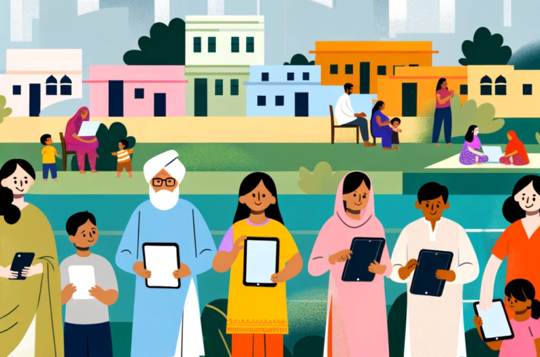 DALL·E 2024-05-13 09.51.07 - A minimalistic illustration of diverse Indian citizens of various ages and backgrounds using digital devices like smartphones, tablets, and laptops, s