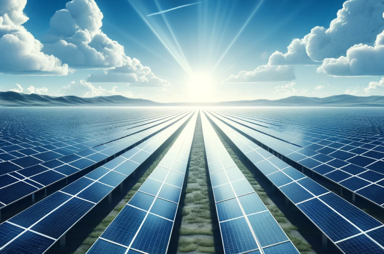 DALL·E 2024-05-13 10.05.33 - Illustration of a modern solar park with numerous solar panels under a clear blue sky, set in a vast, open landscape. The scene depicts a futuristic a