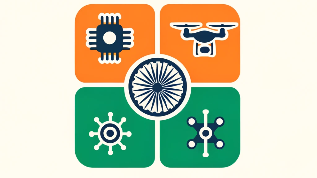 DALL·E 2024-05-14 10.51.07 - A minimal square illustration representing India's strategic focus on critical technologies. Show icons of semiconductors, AI, drones, and biotechnolo