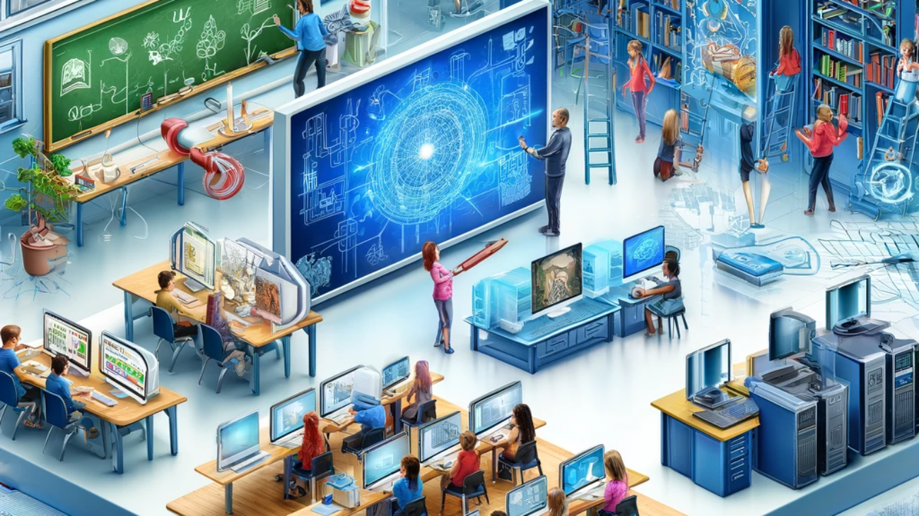 DALL·E 2024-05-17 11.46.25 - An illustration depicting a modern digital infrastructure in a school setting. The image includes a high-tech classroom with students using digital de