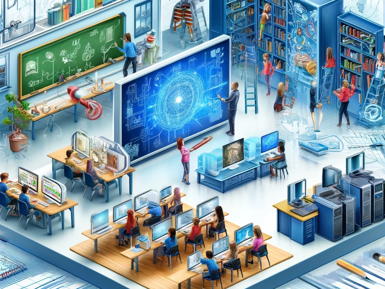 DALL·E 2024-05-17 11.46.25 - An illustration depicting a modern digital infrastructure in a school setting. The image includes a high-tech classroom with students using digital de