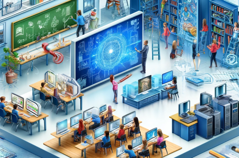 DALL·E 2024-05-17 11.46.25 - An illustration depicting a modern digital infrastructure in a school setting. The image includes a high-tech classroom with students using digital de