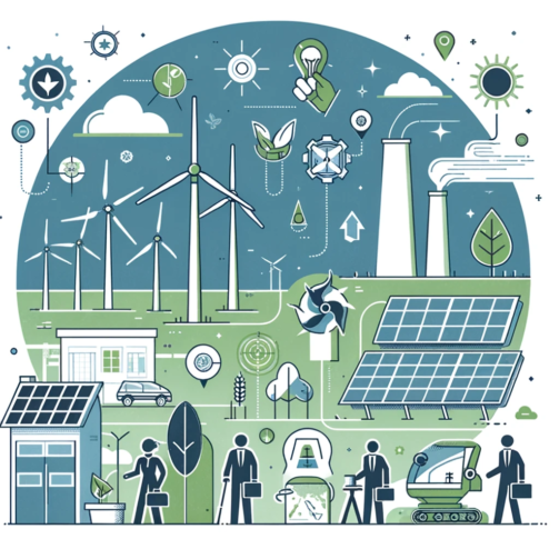 DALL·E 2024-05-20 14.05.44 - A minimal illustration depicting the concept of job creation in renewable energy. The second illustration features symbols of renewable energy sources