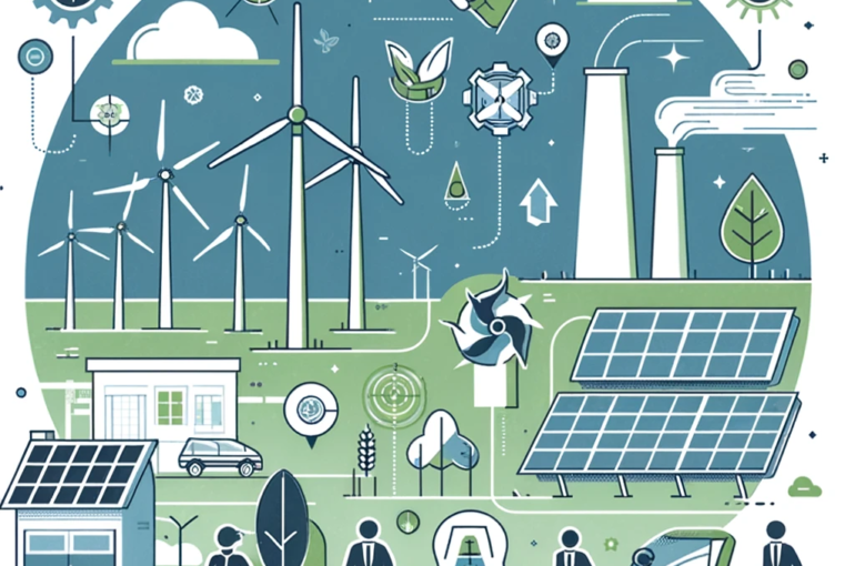 DALL·E 2024-05-20 14.05.44 - A minimal illustration depicting the concept of job creation in renewable energy. The second illustration features symbols of renewable energy sources