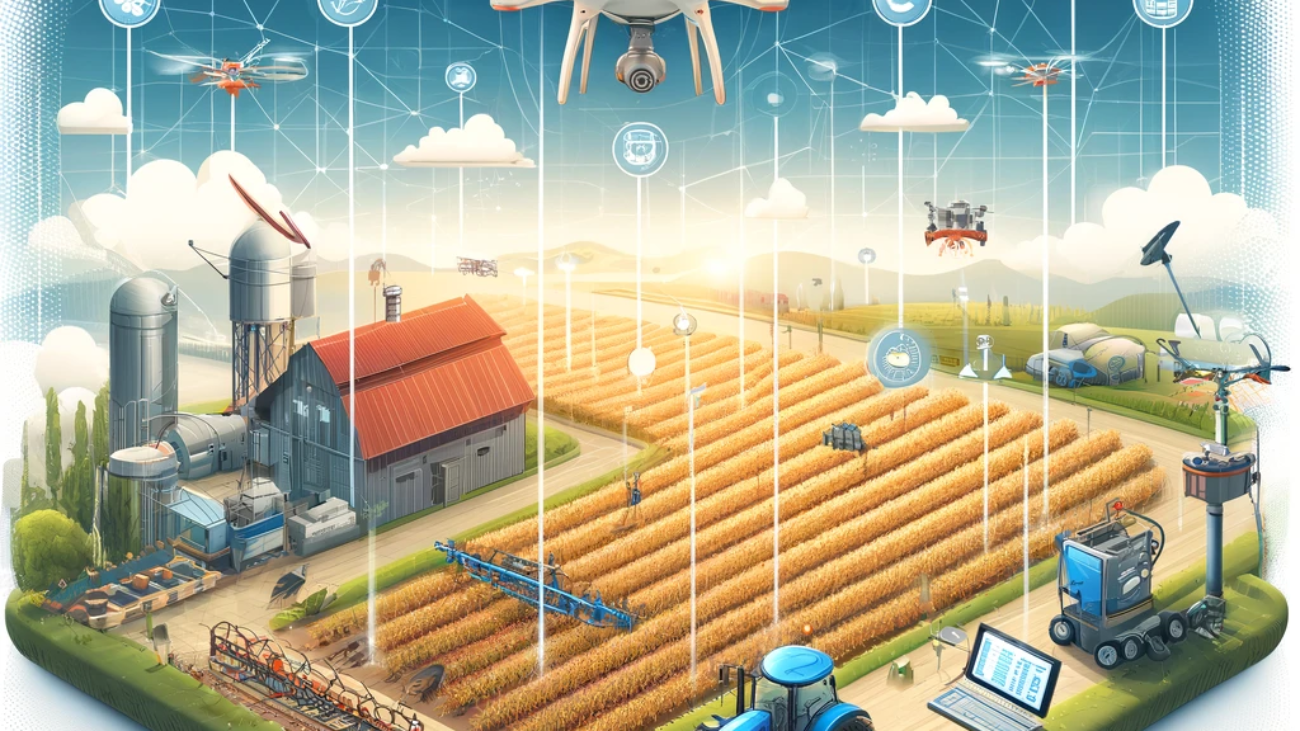 DALL·E 2024-05-21 11.02.30 - A futuristic and detailed illustration of smart farming in the EU. Show a high-tech farm with drones flying over fields, soil sensors embedded in the