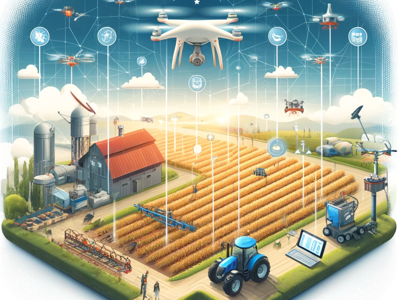 DALL·E 2024-05-21 11.02.30 - A futuristic and detailed illustration of smart farming in the EU. Show a high-tech farm with drones flying over fields, soil sensors embedded in the