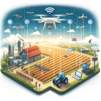 DALL·E 2024-05-21 11.02.30 - A futuristic and detailed illustration of smart farming in the EU. Show a high-tech farm with drones flying over fields, soil sensors embedded in the