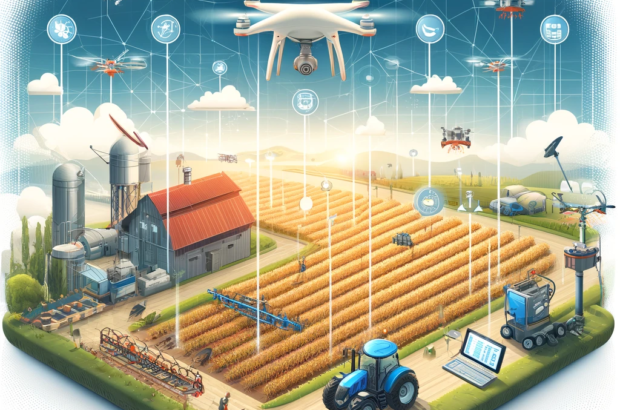 DALL·E 2024-05-21 11.02.30 - A futuristic and detailed illustration of smart farming in the EU. Show a high-tech farm with drones flying over fields, soil sensors embedded in the