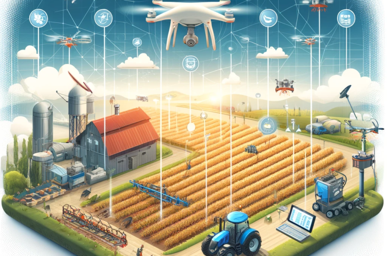 DALL·E 2024-05-21 11.02.30 - A futuristic and detailed illustration of smart farming in the EU. Show a high-tech farm with drones flying over fields, soil sensors embedded in the