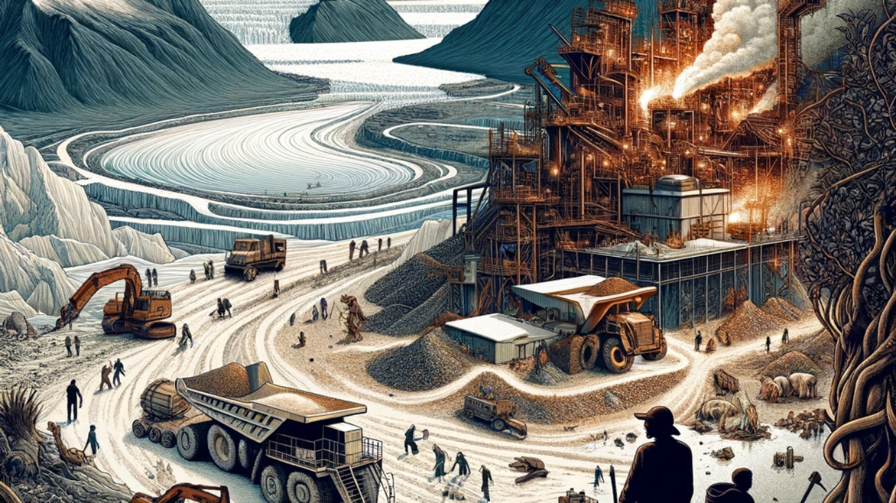 DALL·E 2024-05-22 11.25.40 - A detailed illustration representing the lithium mining industry in South America with a focus on the brutal aspects. The image should show devastated