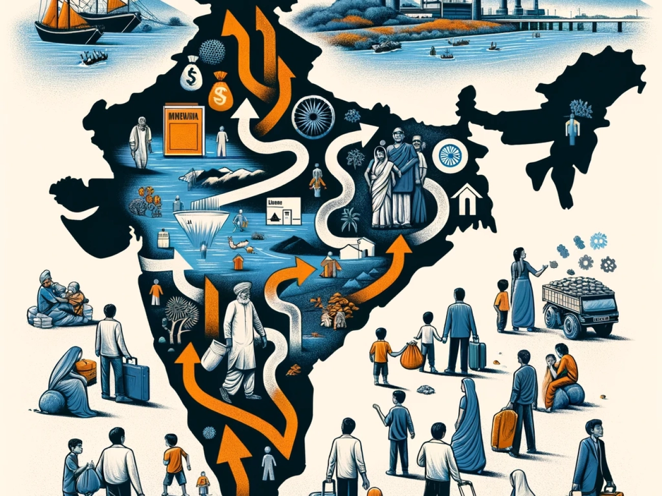 DALL·E 2024-05-22 17.31.33 - A conceptual illustration of inter-state migration in India, highlighting economic, social, and environmental factors. Show a map of India with arrows