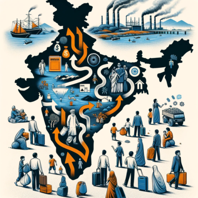 DALL·E 2024-05-22 17.31.33 - A conceptual illustration of inter-state migration in India, highlighting economic, social, and environmental factors. Show a map of India with arrows