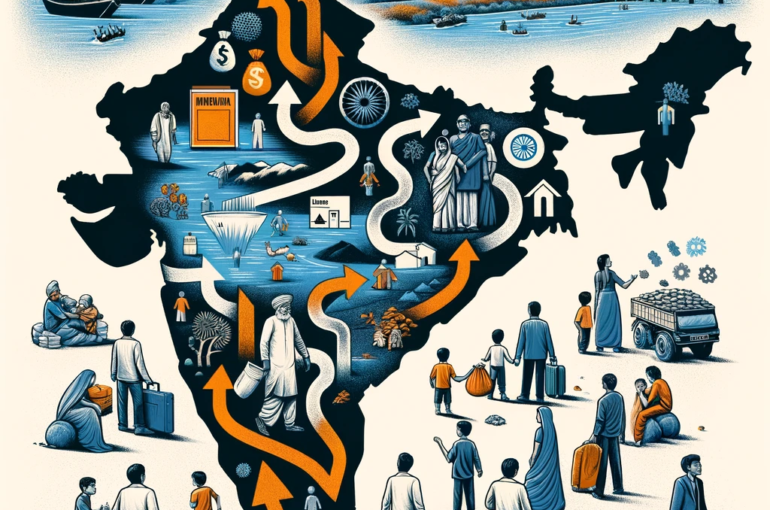 DALL·E 2024-05-22 17.31.33 - A conceptual illustration of inter-state migration in India, highlighting economic, social, and environmental factors. Show a map of India with arrows