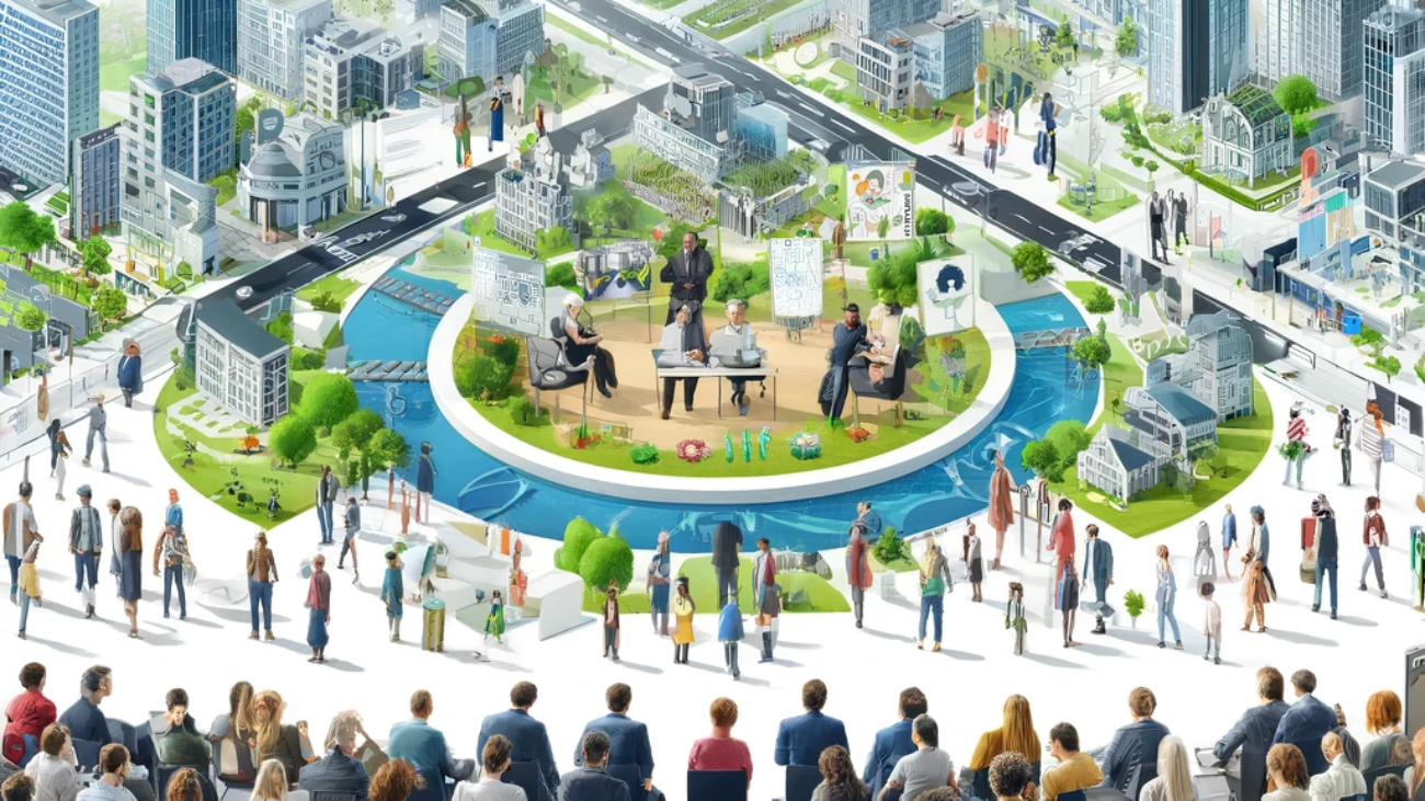 DALL·E 2024-05-27 09.38.17 - A conceptual illustration of a smart city with diverse residents actively engaged in participatory budgeting. The image shows a central meeting area w