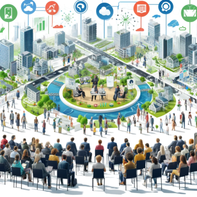 DALL·E 2024-05-27 09.38.17 - A conceptual illustration of a smart city with diverse residents actively engaged in participatory budgeting. The image shows a central meeting area w