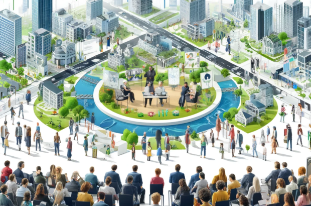 DALL·E 2024-05-27 09.38.17 - A conceptual illustration of a smart city with diverse residents actively engaged in participatory budgeting. The image shows a central meeting area w