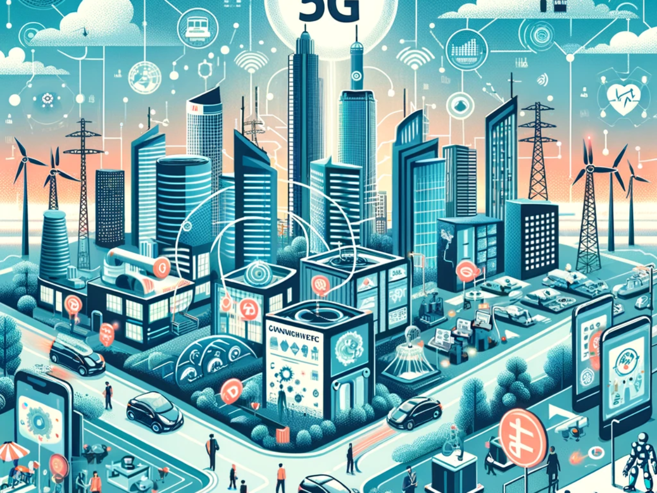 DALL·E 2024-05-27 10.34.03 - An illustration showcasing the future impact of 5G technology in India. The image should feature a modern cityscape with smart city elements such as a