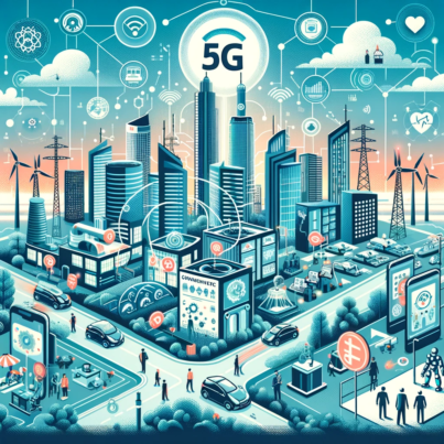 DALL·E 2024-05-27 10.34.03 - An illustration showcasing the future impact of 5G technology in India. The image should feature a modern cityscape with smart city elements such as a