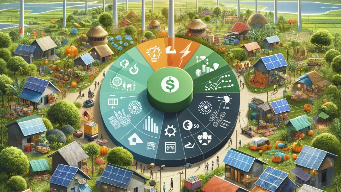 DALL·E 2024-05-27 18.08.31 - A conceptual image illustrating the economic impact of renewable energy transition in developing countries. The image should feature a mix of solar pa