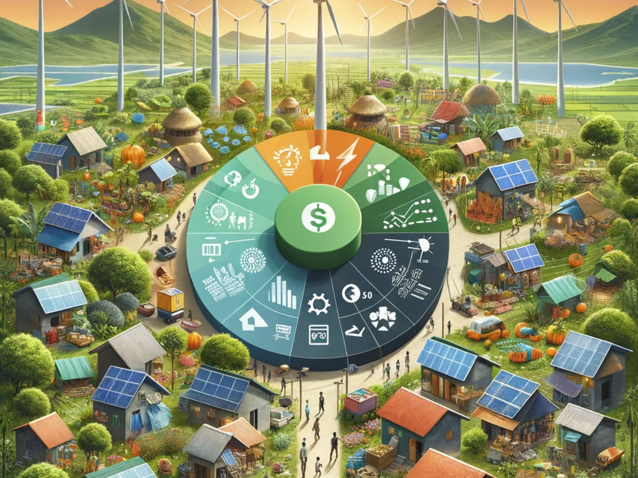 DALL·E 2024-05-27 18.08.31 - A conceptual image illustrating the economic impact of renewable energy transition in developing countries. The image should feature a mix of solar pa