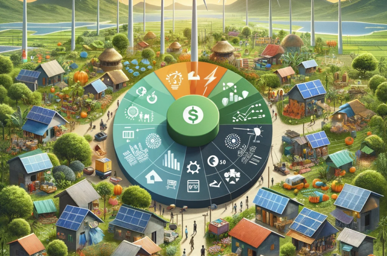 DALL·E 2024-05-27 18.08.31 - A conceptual image illustrating the economic impact of renewable energy transition in developing countries. The image should feature a mix of solar pa