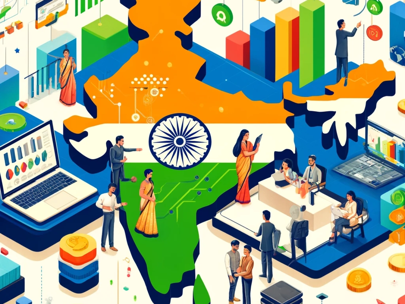 DALL·E 2024-05-30 15.49.22 - Illustration for an article about the impact of fintech on Indian SMEs. The image features a stylized map of India in the background, filled with vibr