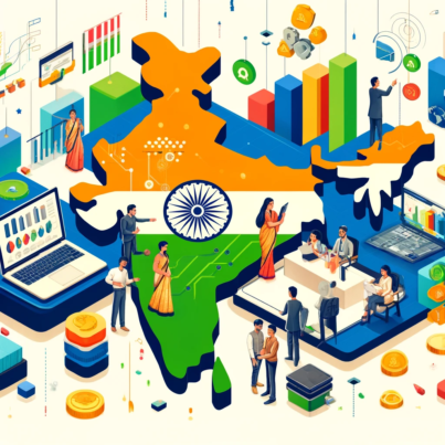 DALL·E 2024-05-30 15.49.22 - Illustration for an article about the impact of fintech on Indian SMEs. The image features a stylized map of India in the background, filled with vibr