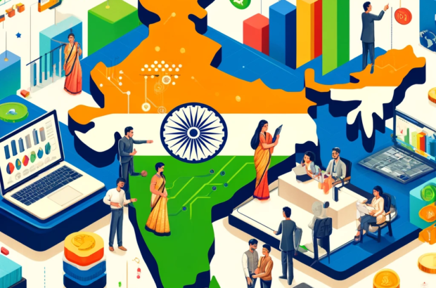 DALL·E 2024-05-30 15.49.22 - Illustration for an article about the impact of fintech on Indian SMEs. The image features a stylized map of India in the background, filled with vibr