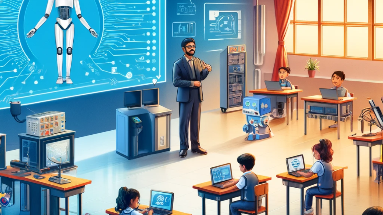 DALL·E 2024-05-30 16.13.27 - An illustration showing an Indian classroom being upgraded with modern AI and robotics technology. The classroom features high-speed internet, modern