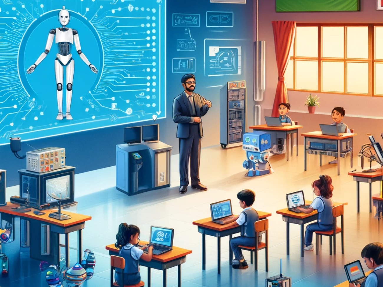 DALL·E 2024-05-30 16.13.27 - An illustration showing an Indian classroom being upgraded with modern AI and robotics technology. The classroom features high-speed internet, modern