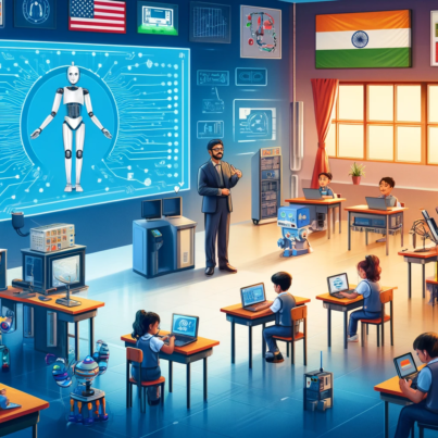 DALL·E 2024-05-30 16.13.27 - An illustration showing an Indian classroom being upgraded with modern AI and robotics technology. The classroom features high-speed internet, modern