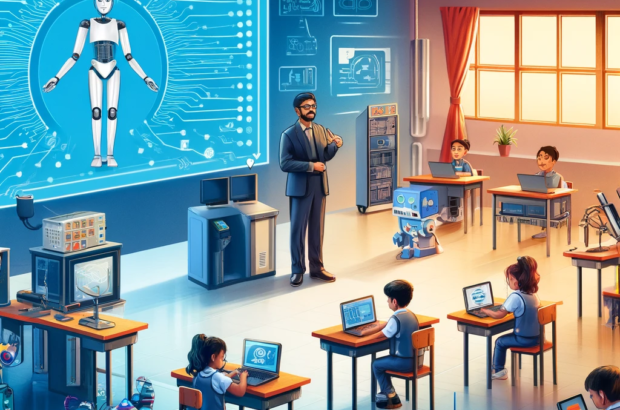 DALL·E 2024-05-30 16.13.27 - An illustration showing an Indian classroom being upgraded with modern AI and robotics technology. The classroom features high-speed internet, modern